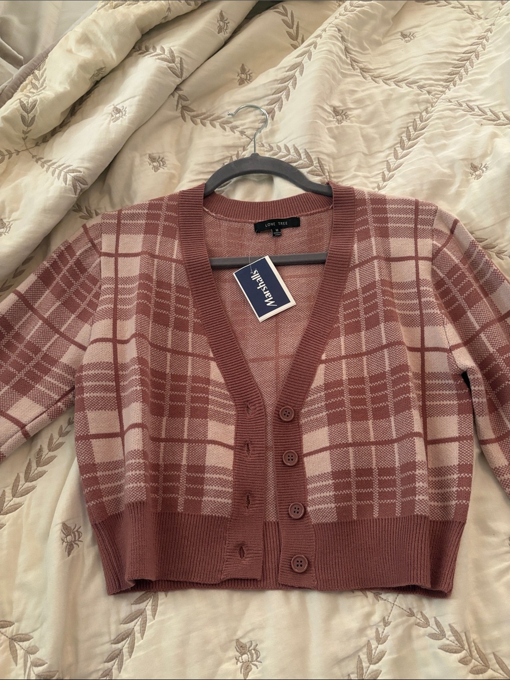 Love Tree Pink Plaid V-Neck Button Cardigan